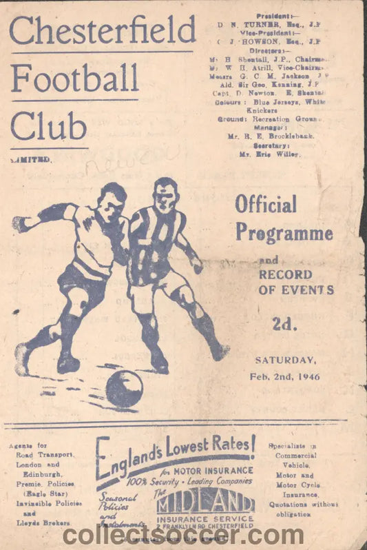 1946 Chesterfield v Newcastle United Football Programme