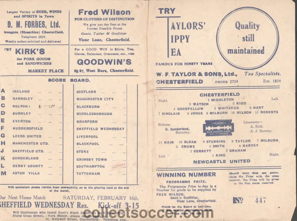 1946 Chesterfield v Newcastle United Football Programme
