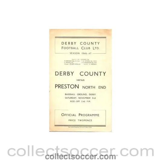1946 - Derby County v Preston North End official programme 02/11/1946 - Collect Soccer
