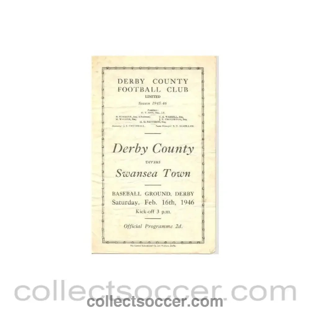 1946 - Derby County v Swansea Town official programme 16/02/1946 - Collect Soccer