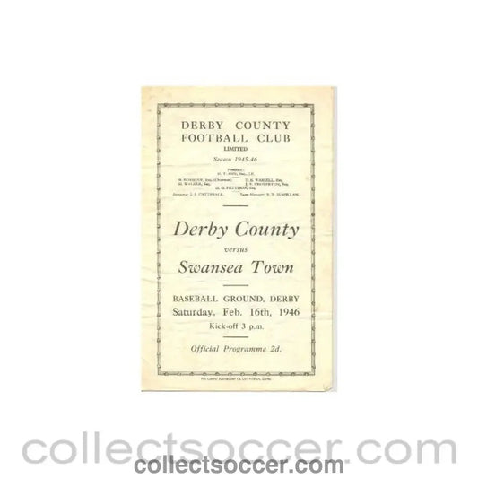 1946 - Derby County v Swansea Town official programme 16/02/1946 - Collect Soccer