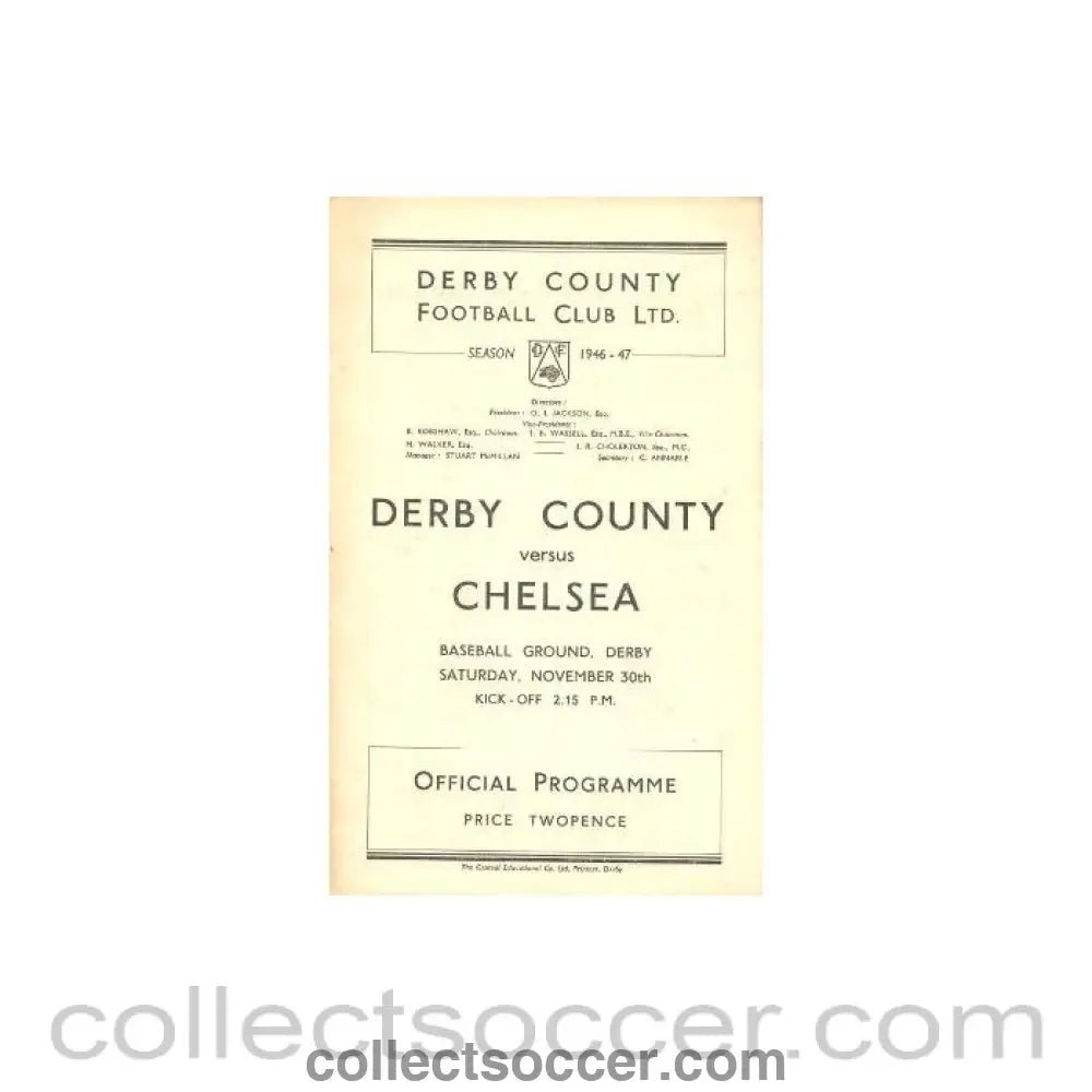1946 - Derby County vChelsea official programme 30/11/1946 - Collect Soccer