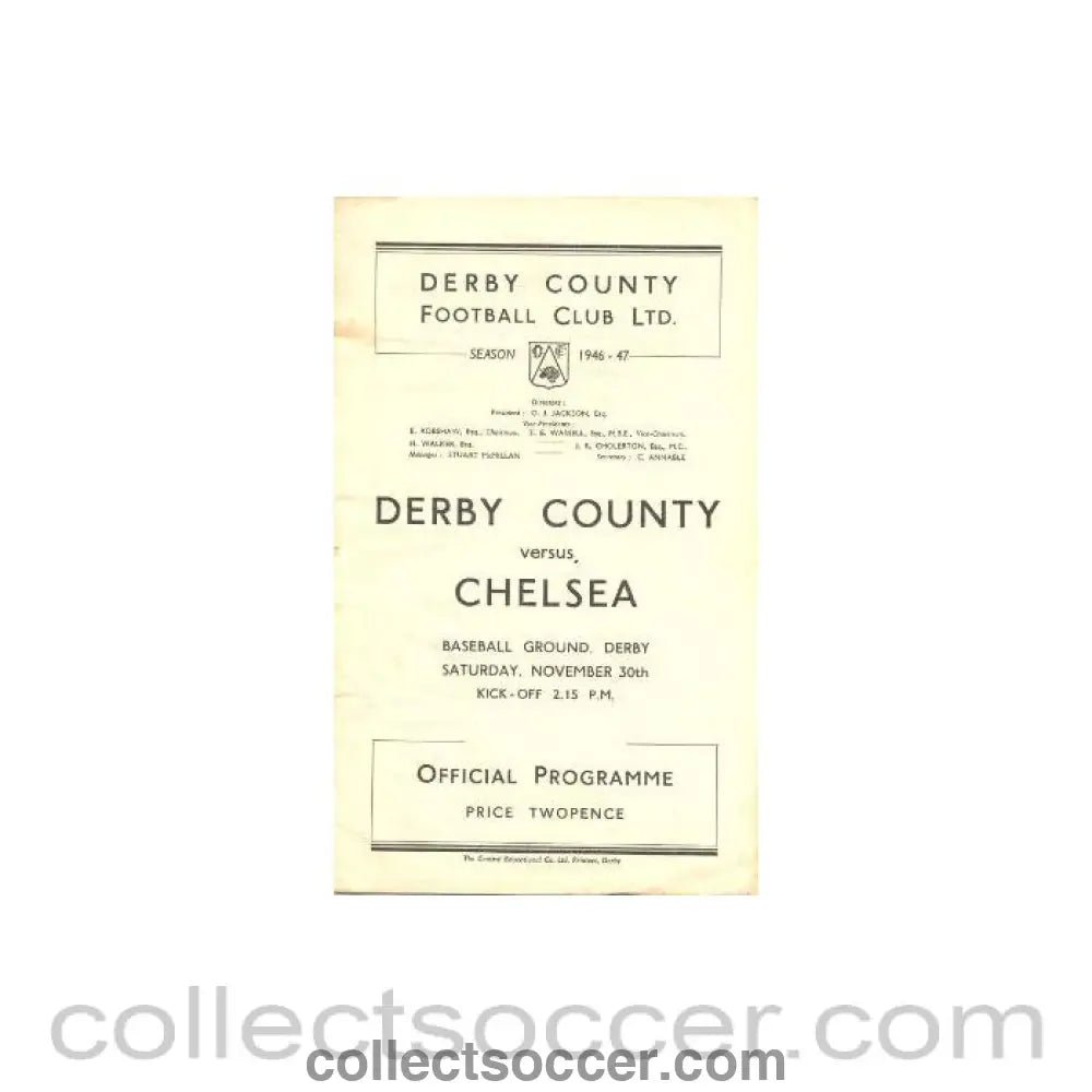1946 - Derby County vChelsea official programme 30/11/1946, reduced price - Collect Soccer