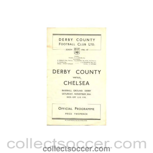 1946 - Derby County vChelsea official programme 30/11/1946, reduced price - Collect Soccer
