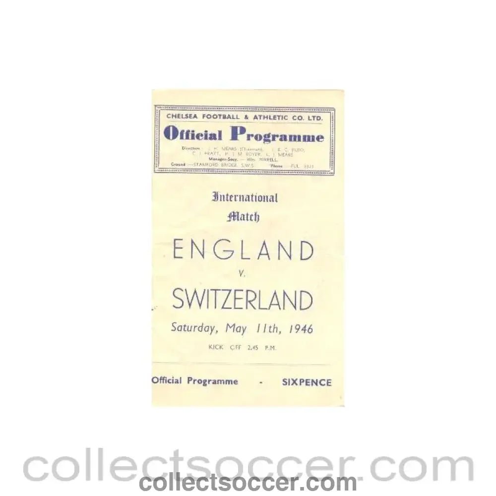 1946 England v Switzerland official programme 11/05/1946 At Chelsea - Collect Soccer