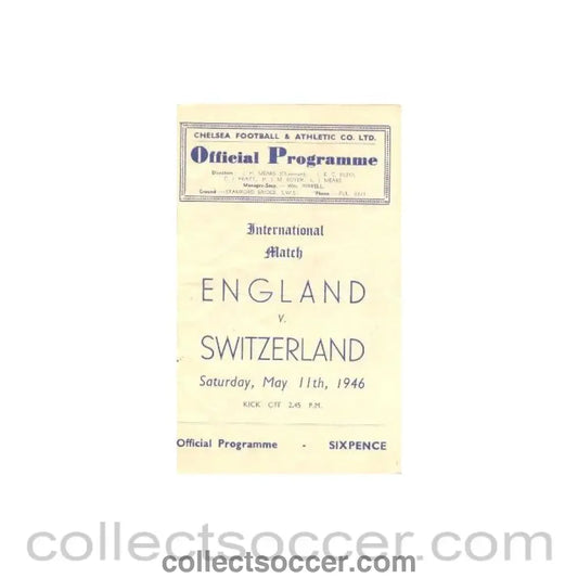 1946 England v Switzerland official programme 11/05/1946 At Chelsea