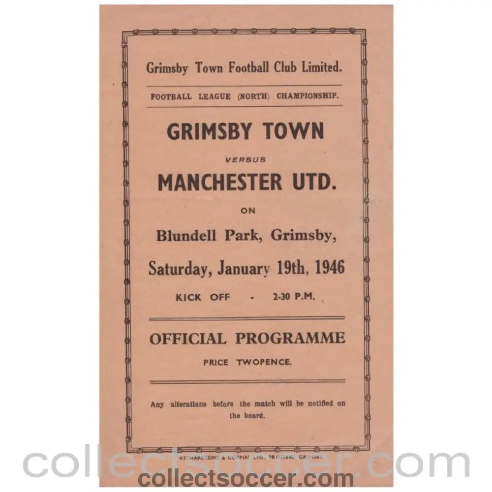 1946 Grimsby v Manchester United Official Programme - Collect Soccer