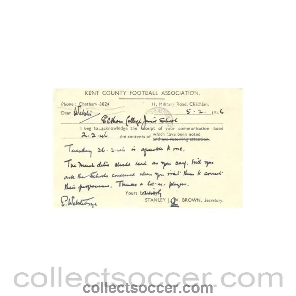 1946 - Kent County Football Association written on postcard of 05/02/1946 - Collect Soccer