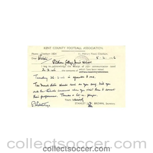 1946 - Kent County Football Association written on postcard of 05/02/1946