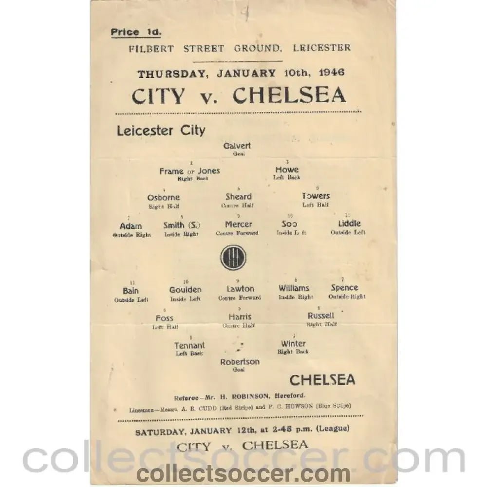 1946 - Leicester City v Chelsea 10/01/1946 FAC Rare Programme - Collect Soccer
