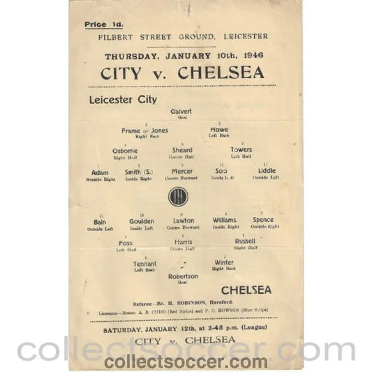1946 - Leicester City v Chelsea 10/01/1946 FAC Rare Programme - Collect Soccer