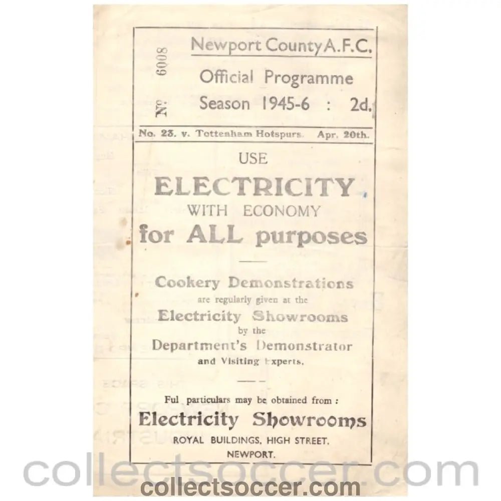 1946 Newport County v Tottenham Hotspur Official Programme - Collect Soccer