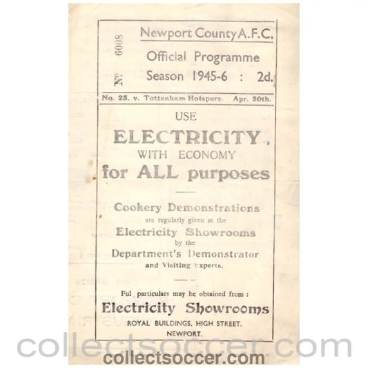 1946 Newport County v Tottenham Hotspur Official Programme - Collect Soccer