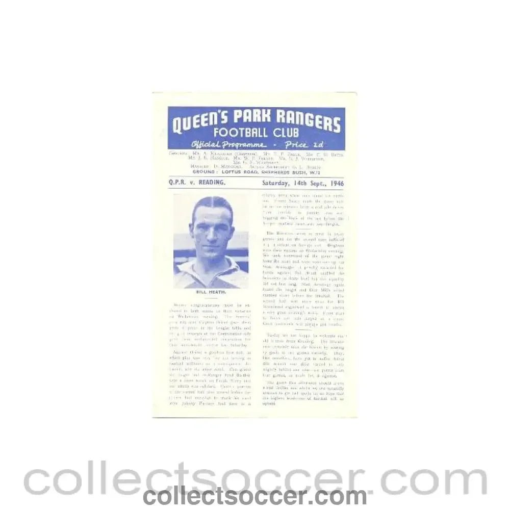 1946 - Queen's Park Rangers v Reading official programme 14/09/1946 - Collect Soccer