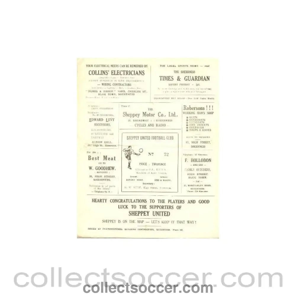 1946 - Sheppey United v Deal official programme probably of season 1946 - 47 - Collect Soccer
