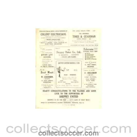 1946 - Sheppey United v Folkstone official programme No: 605 probably of season 1946 - 47 - Collect Soccer