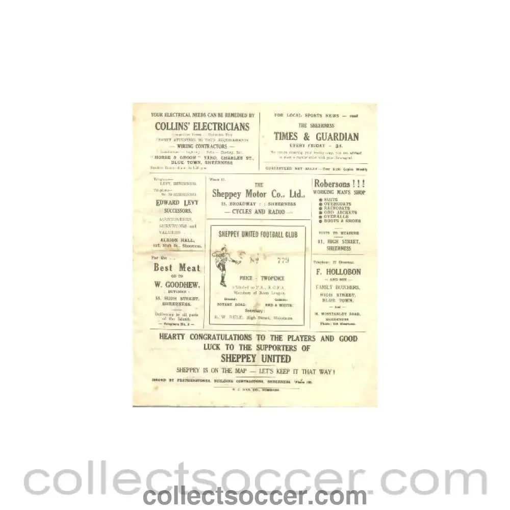1946 - Sheppey United v Gravesend & Northfleet official programme probably of season 1946 - 47 - Collect Soccer