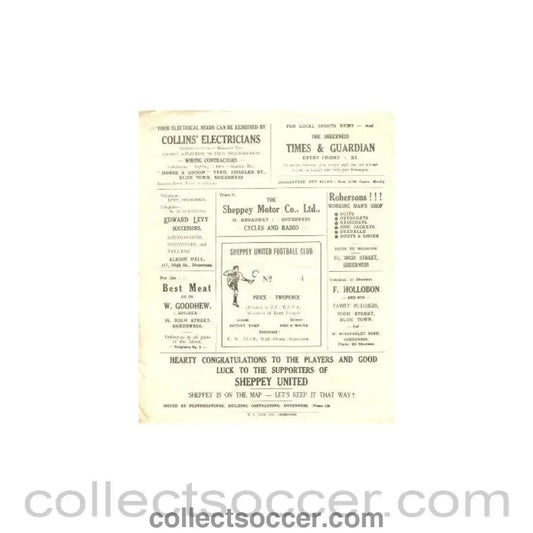 1946 - Sheppey United v Thameside Amateurs official programme probably of season 1946 - 47 - Collect Soccer