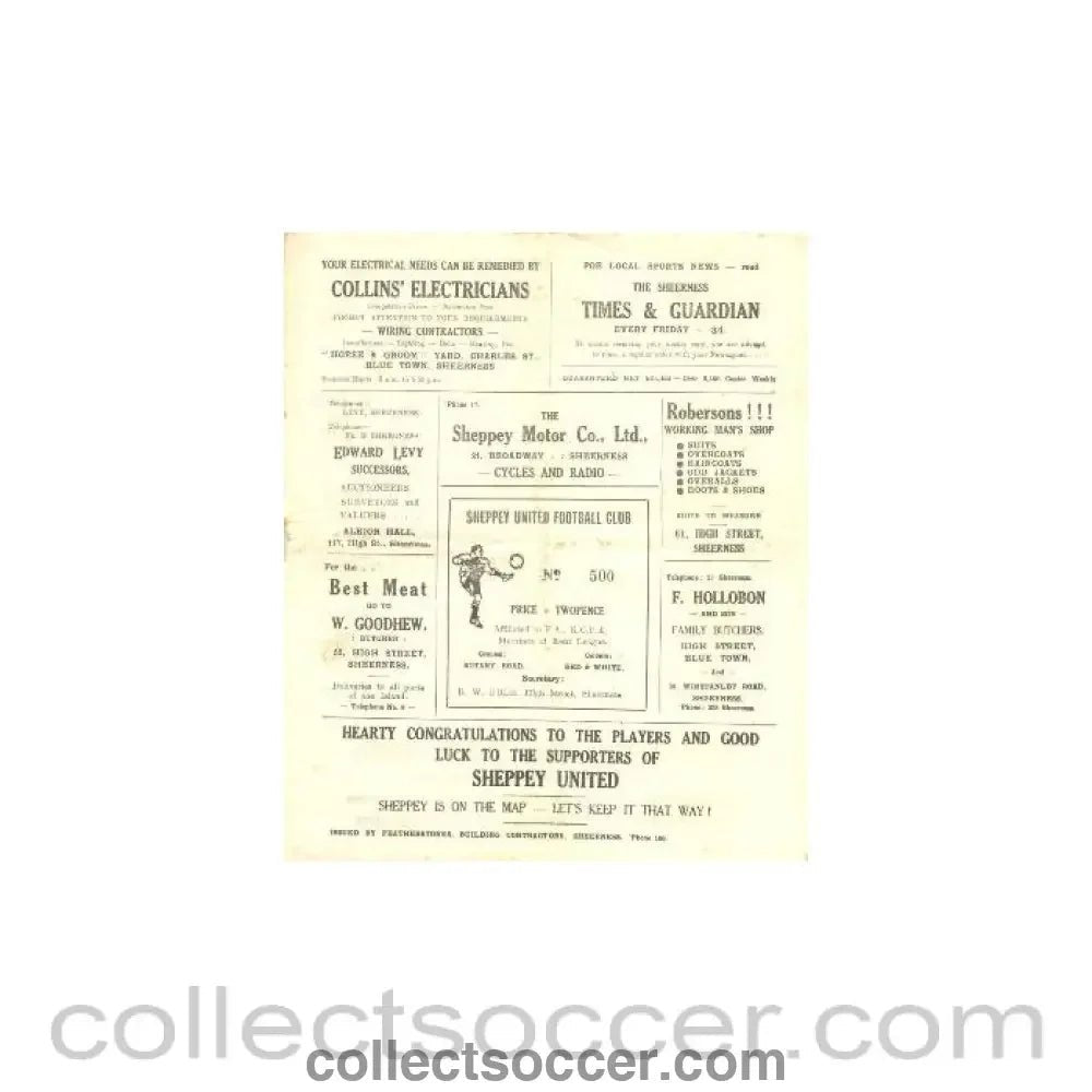 1946 - Sheppey United v Woolwich Polytechnic official programme probably of season 1946 - 47 - Collect Soccer