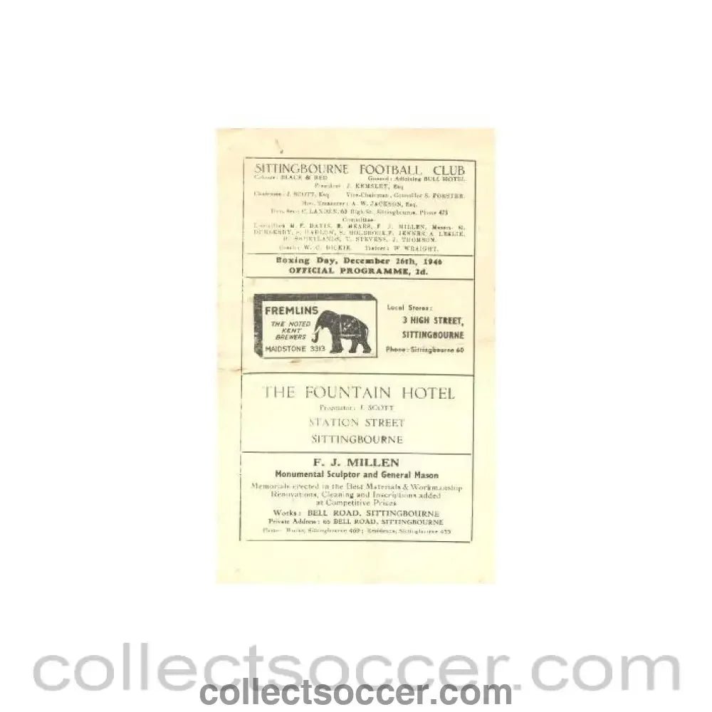 1946 - Sittingbourne v Sheppey United official programme 26/12/1946 - Collect Soccer