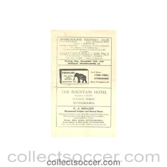 1946 - Sittingbourne v Sheppey United official programme 26/12/1946 - Collect Soccer