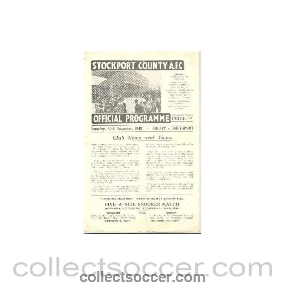 1946 - Stockport County v Southport official programme 30/11/1946 - Collect Soccer