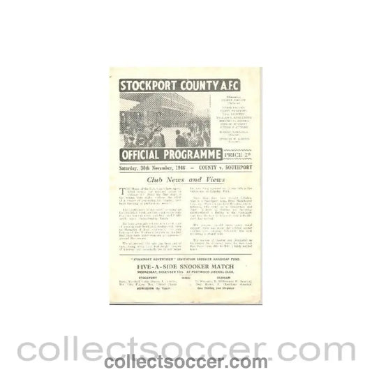 1946 - Stockport County v Southport official programme 30/11/1946 - Collect Soccer