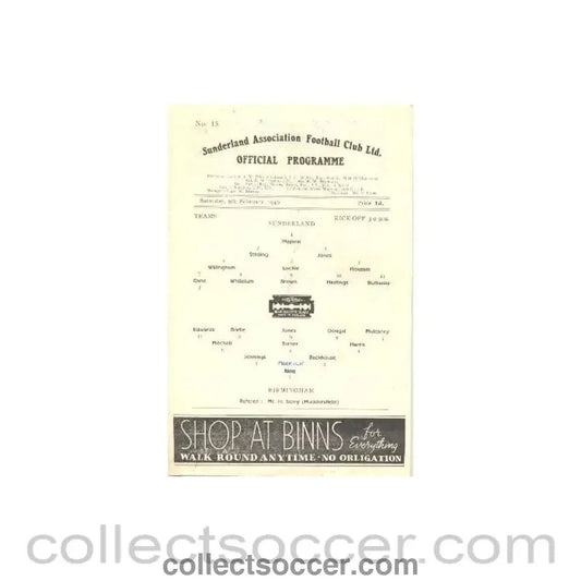 1946 - Sunderland v Birmingham official programme 09/02/1946 - Collect Soccer