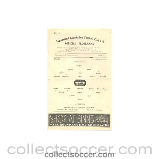 1946 - Sunderland v Liverpool official programme 14/12/1946 - Collect Soccer