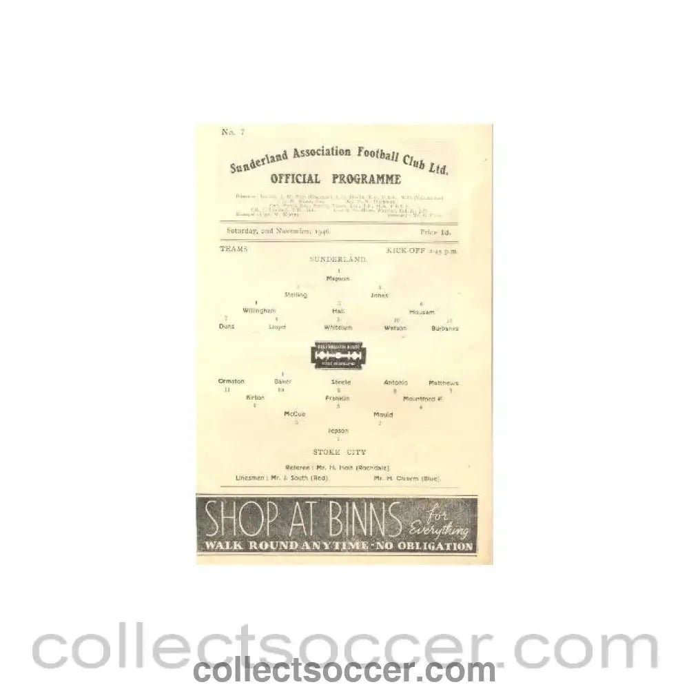 1946 - Sunderland v Stoke City official programme 02/11/1946 - Collect Soccer