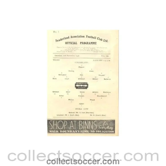 1946 - Sunderland v Stoke City official programme 02/11/1946