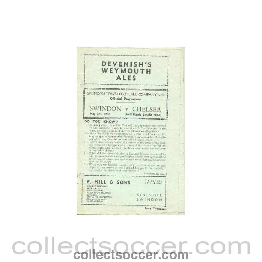 1946 - Swindon Town vChelsea official programme 08/05/1946 - Collect Soccer