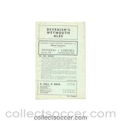 1946 - Swindon Town vChelsea official programme 08/05/1946 - Collect Soccer