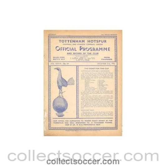 1946 - Tottenham Hotspur v Bradford official programme 21/12/1946 - Collect Soccer