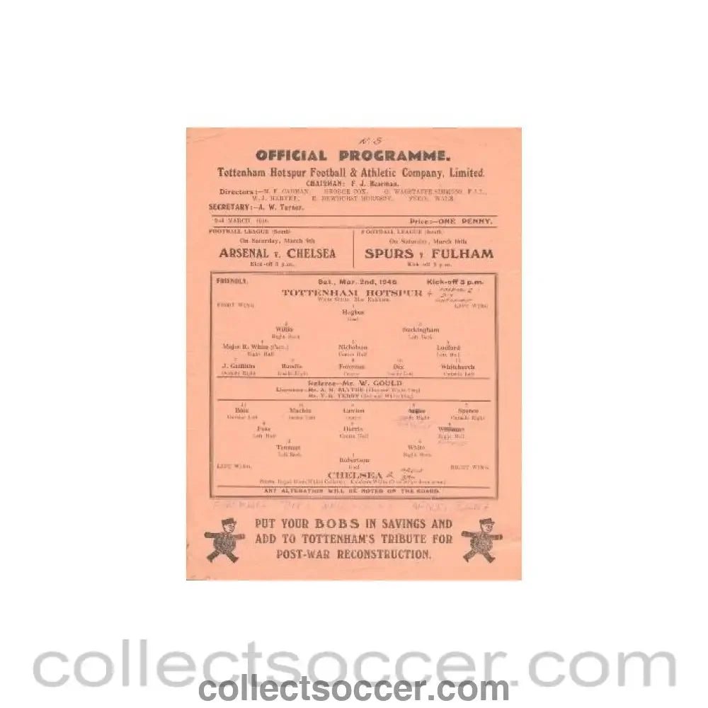 1946 - Tottenham Hotspur vChelsea official programme 02/03/1946 - Collect Soccer