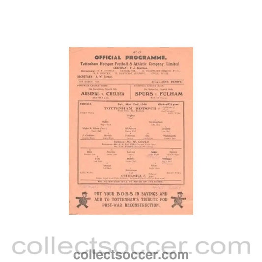 1946 - Tottenham Hotspur vChelsea official programme 02/03/1946 - Collect Soccer