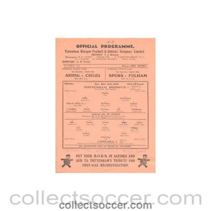 1946 - Tottenham Hotspur vChelsea official programme 02/03/1946 - Collect Soccer