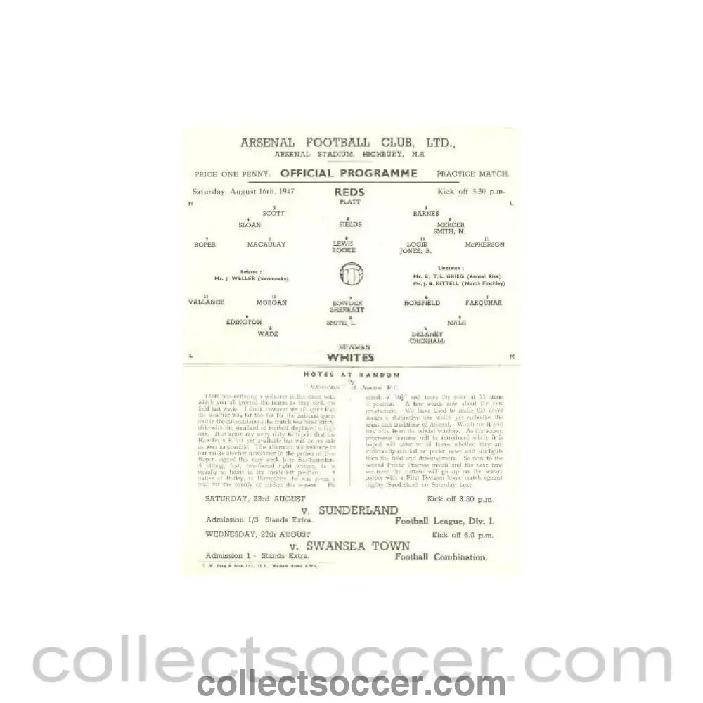 1947 - Arsenal practice match official programme Reds v Whites 16/08/1947 - Collect Soccer