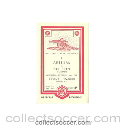 1947 - Arsenal v Bolton official programme 10/09/1947 Football League - Collect Soccer