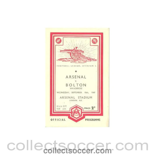 1947 - Arsenal v Bolton official programme 10/09/1947 Football League