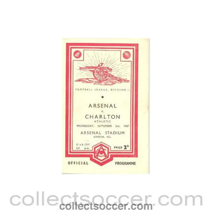 1947 - Arsenal v Charlton official programme 03/09/1947 Football League - Collect Soccer