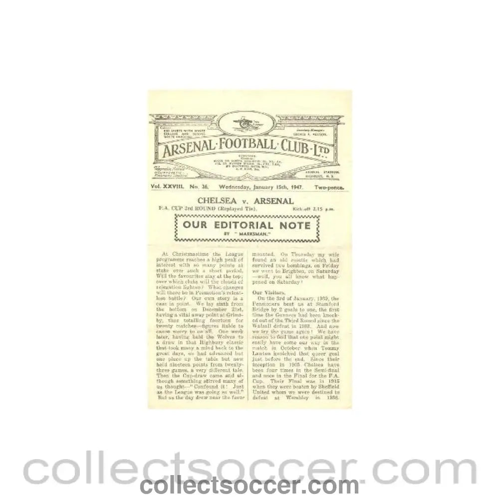 1947 - Arsenal v Chelsea official programme 15/01/1947