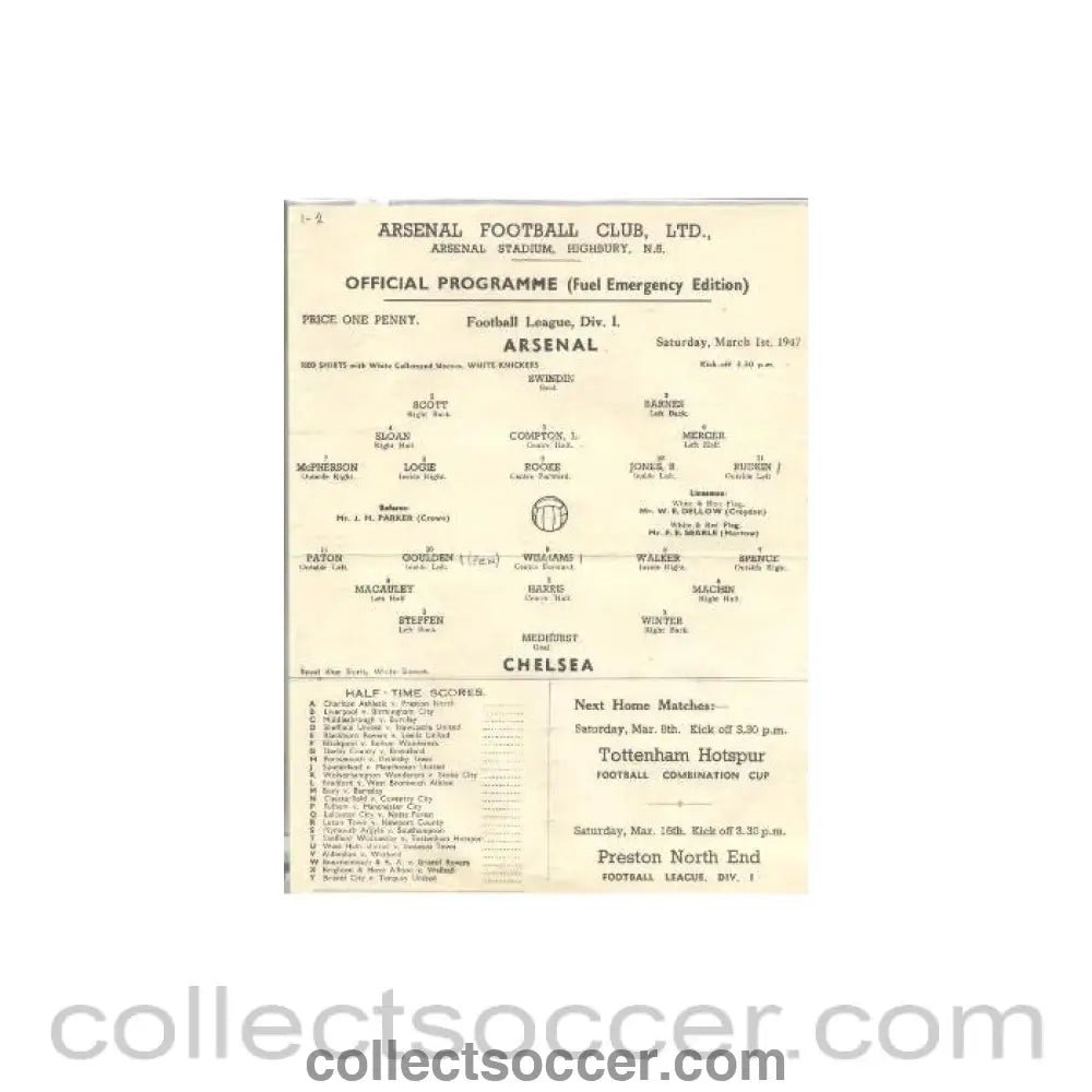 1947 - Arsenal vChelsea official programme 01/03/1947 - Collect Soccer