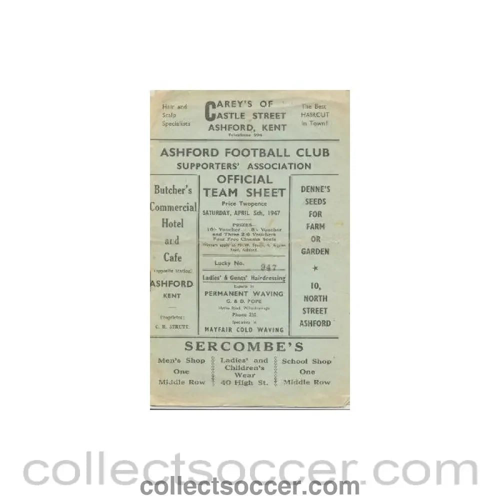 1947 - Ashford v Sheppey United official Supporters Club programme/teamsheet 05/04/1947 - Collect Soccer