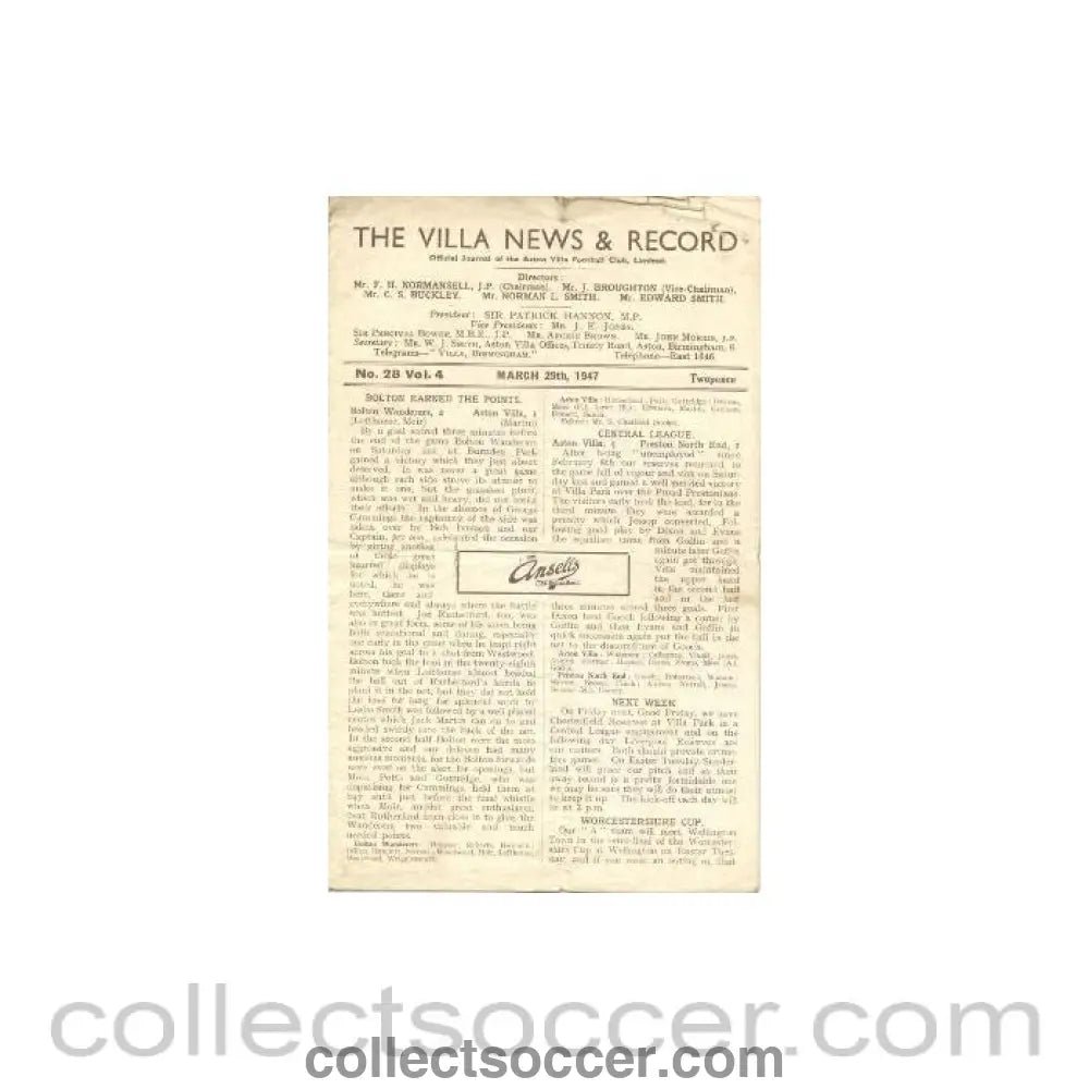 1947 - Aston Villa vChelsea official programme 29/03/1947 - Collect Soccer