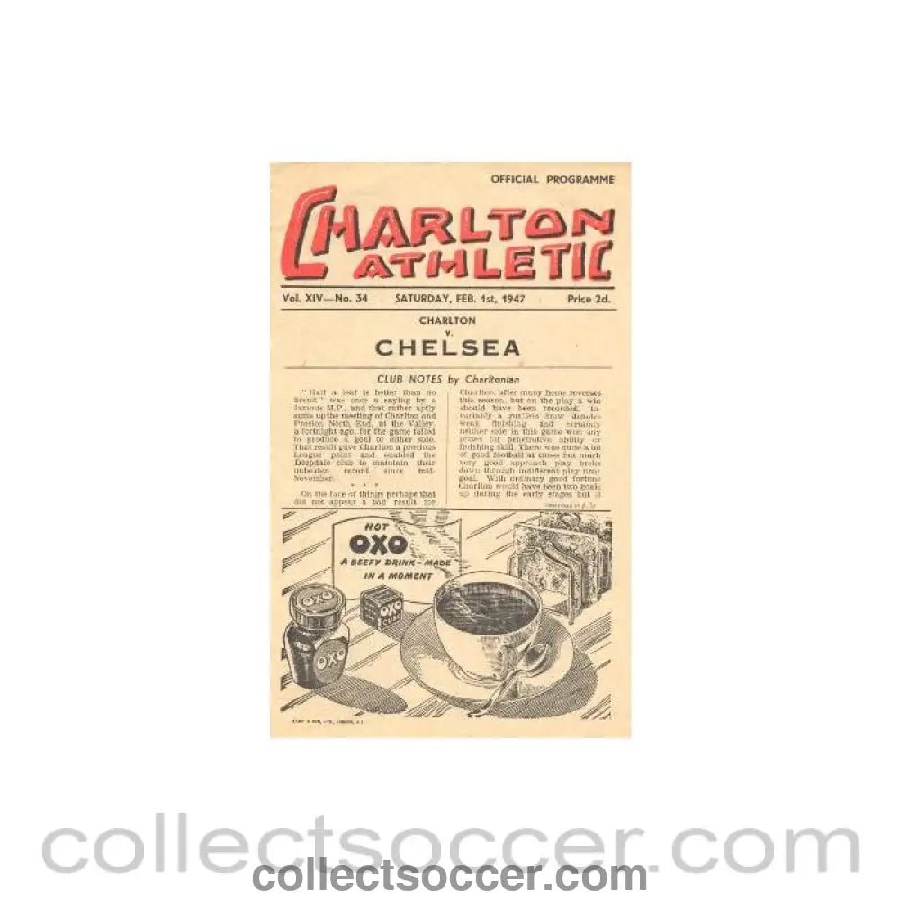 1947 - Charlton Athletic vChelsea official programme 01/02/1947 - Collect Soccer