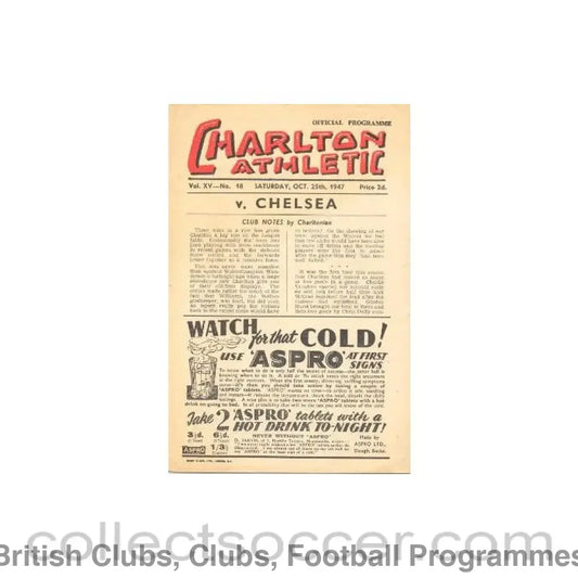 1947 - Charlton Athletic vChelsea official programme 25/10/1947