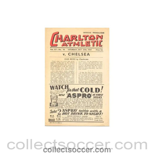 1947 - Charlton Athletic vChelsea official programme 25/10/1947 - Collect Soccer