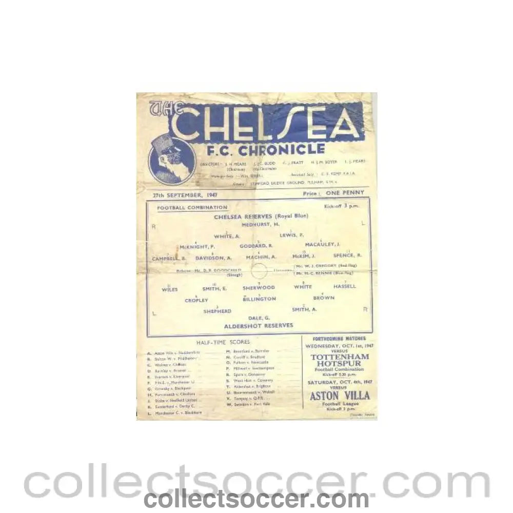 1947 - Chelsea Reserves v Aldershot Reserves official programme 27/09/1947