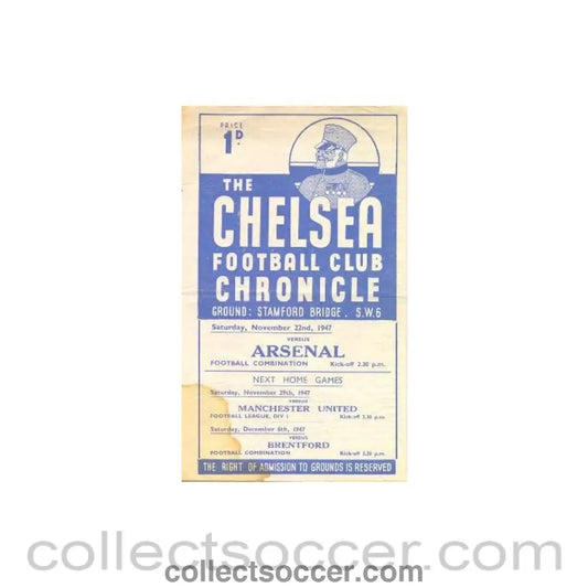 1947 - Chelsea Reserves v Arsenal Reserves official programme 22/11/1947